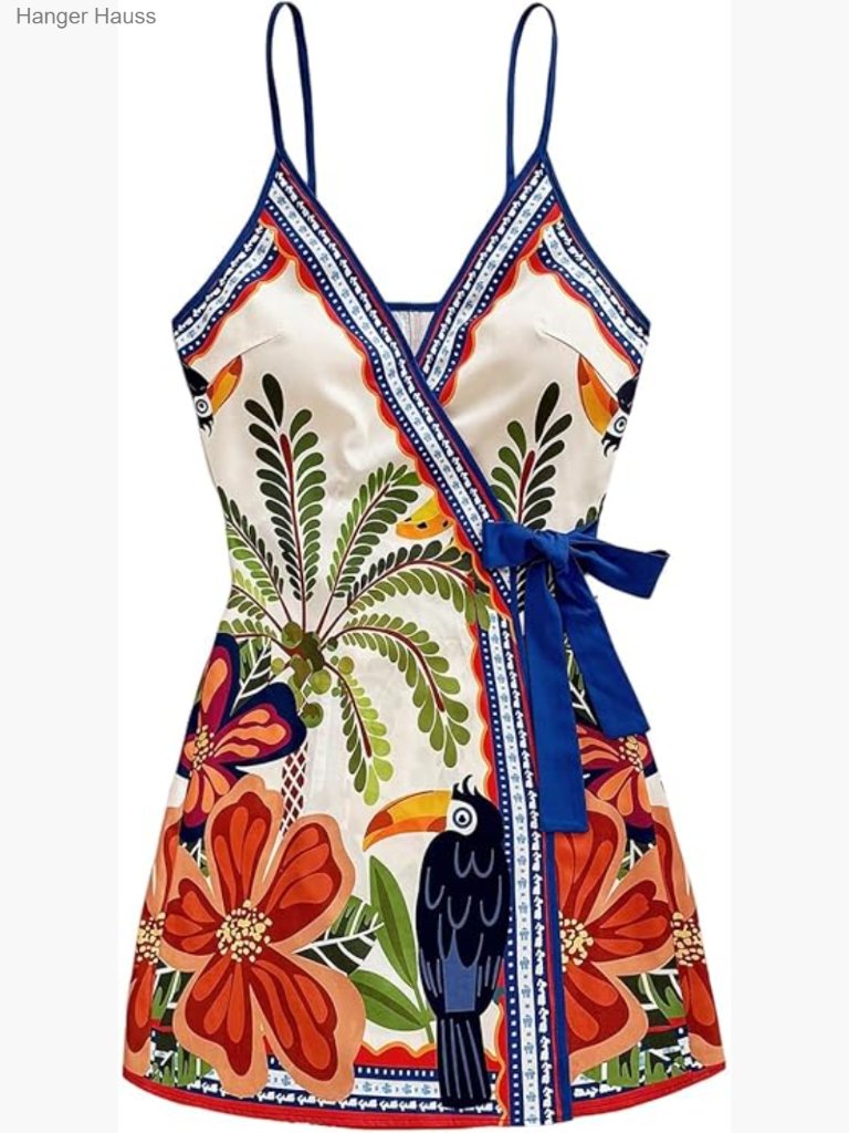 Tropical Print Wrap V-Neck Mini Dress